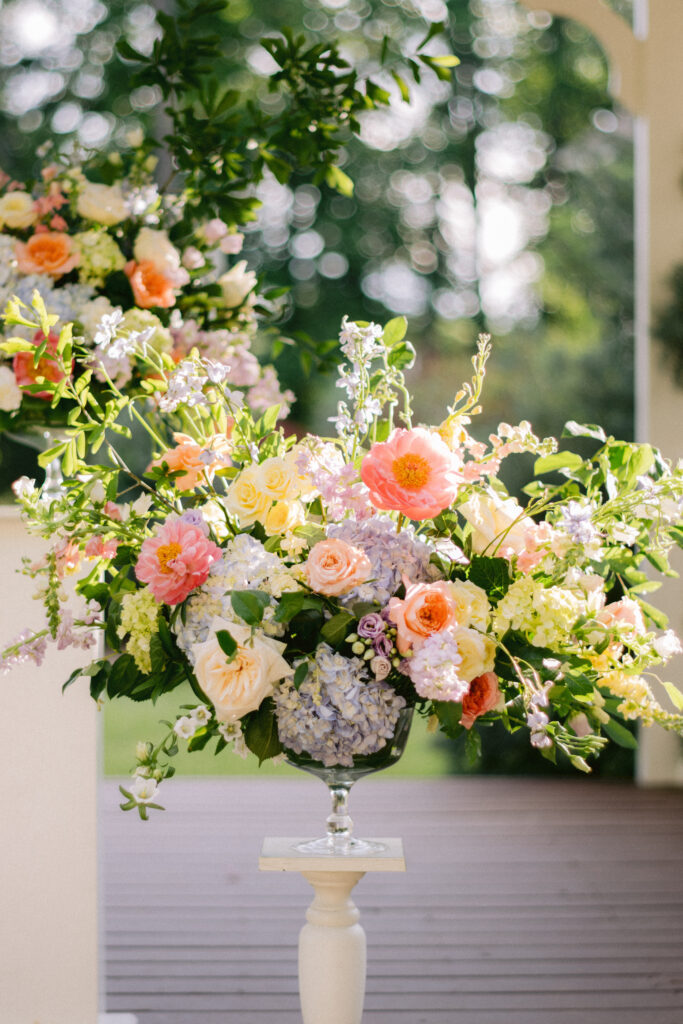 Bridgerton inspired florals at Little River Farms wedding

